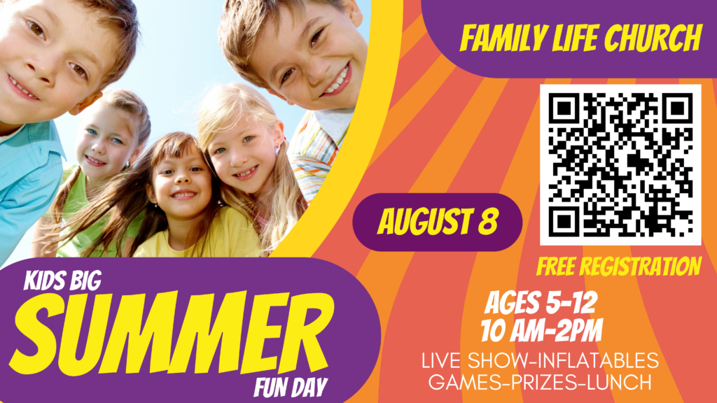 Hey Kids, you don't want to miss this! On Thursday, Aug. 8th, FLC will host our 2nd annual Big Summer Fun Day, with loads of fun, from 10 a.m. to 2 p.m. on the FLC campus. The day will be filled with games, prizes, a live show and inflatables!! Grab all your friends and bring them along for a day that will be a total BLAST! Please register for this event online at www.yourfamilylife.org. This event is for students ages 5 through 12. Don't miss it!